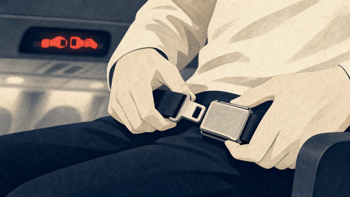 Close-up of an airplane seatbelt being buckled low and tight over a passenger's lap, with an illuminated seatbelt sign visible in the background.