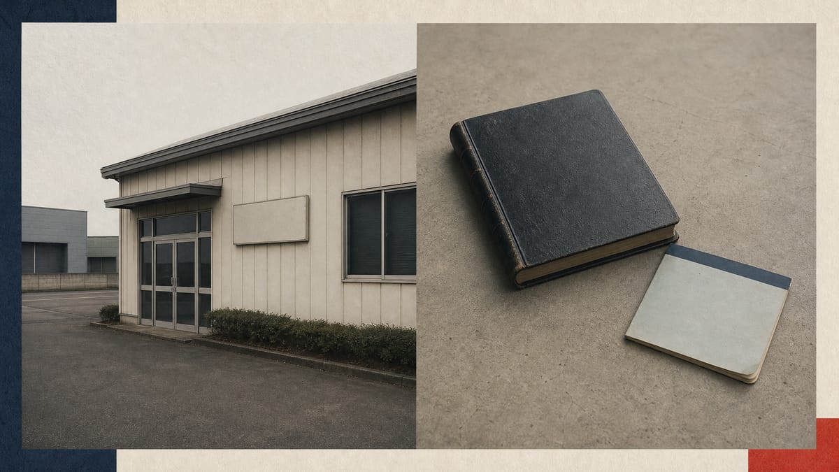 An empty office building exterior with a bare signboard, next to a closed ledger book and a bank passbook lying on an empty floor, symbolizing a company's missing corporate records.