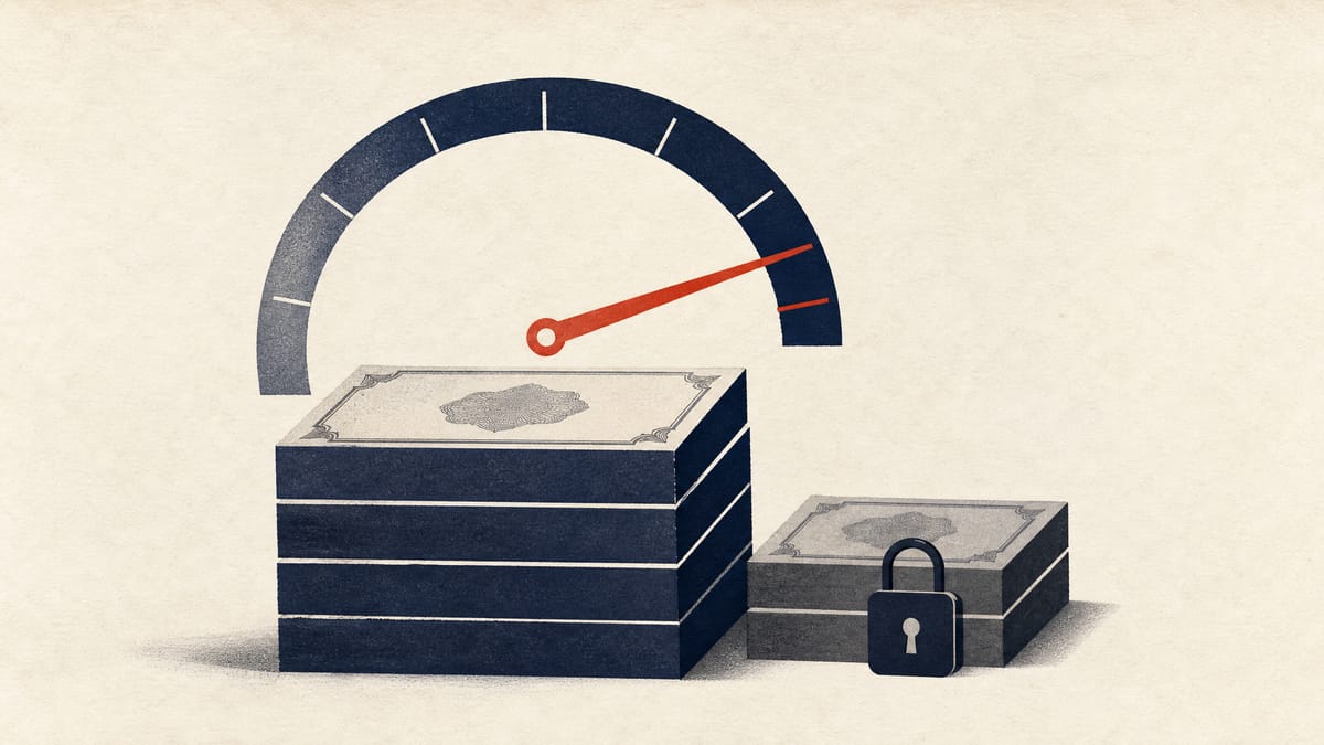 Illustration of an ownership-stake dial rising above stacked stock-certificate blocks, with some blocks marked by a padlock to represent pledged and lent shares.