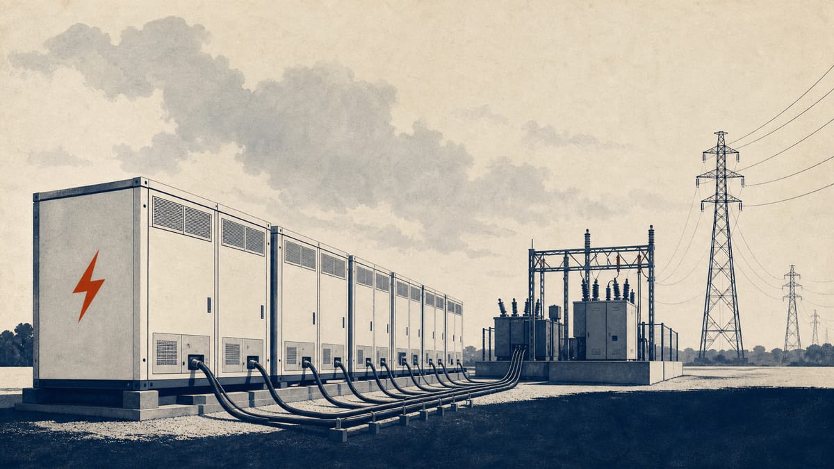 Grid-scale battery storage containers wired to substation transformers under overhead power lines.
