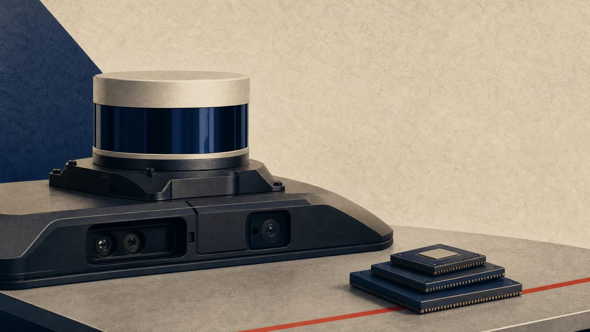 An autonomous vehicle's sensor array and a stack of semiconductor chips on a workbench, representing investment in self-driving technology research.