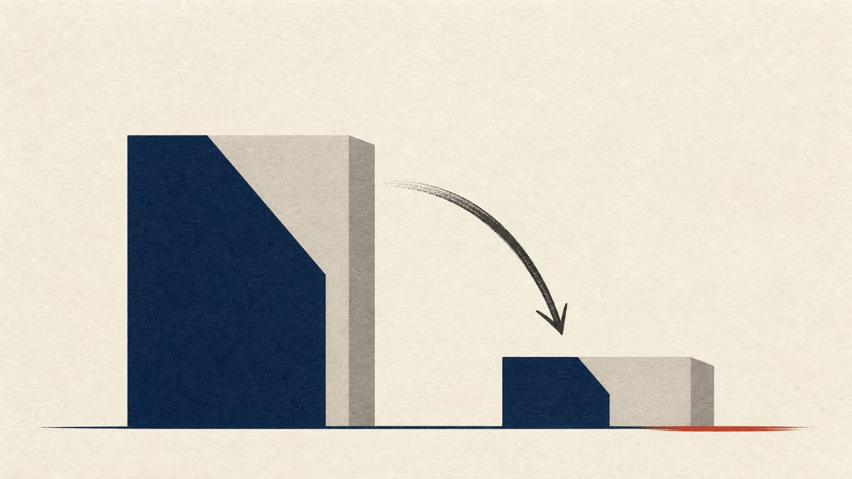Abstract geometric illustration showing a corporate ownership block shrinking to represent a reduced shareholding stake.