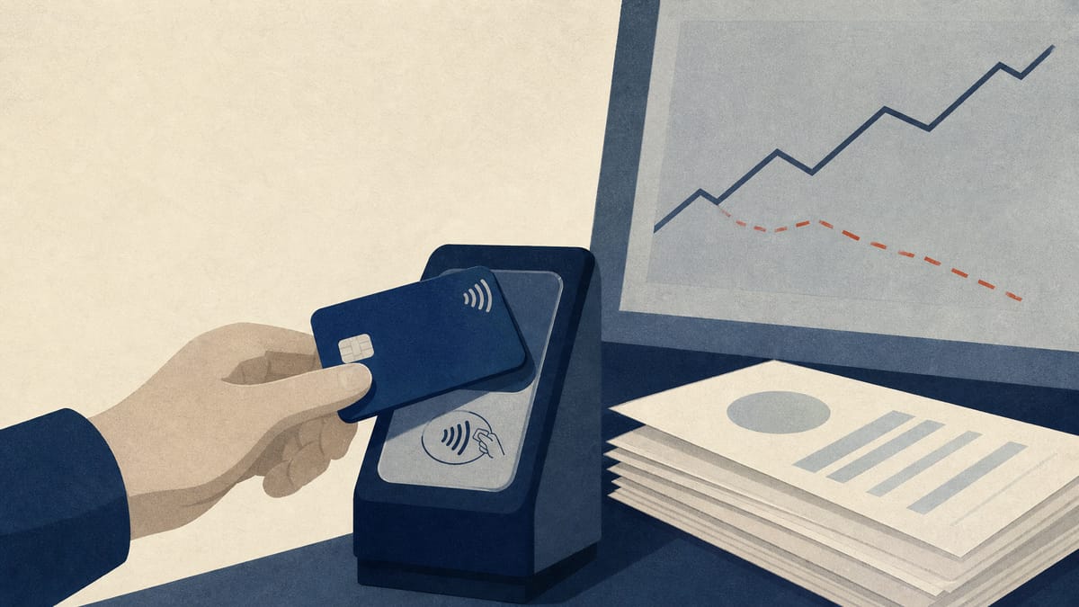 A close-up of a contactless card payment at a retail checkout counter, evoking consumer credit and rising loan interest rates.