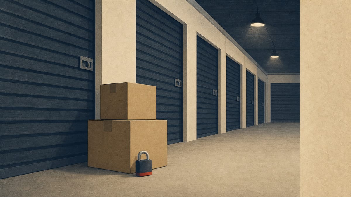 Editorial illustration of a self-storage facility corridor with rows of unit doors and a stack of moving boxes, symbolizing a company being acquired and taken private.