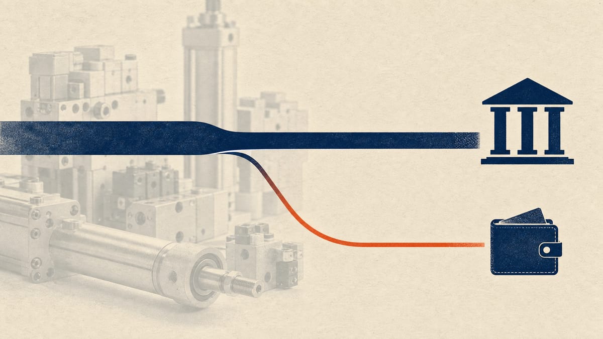 Illustration of a diverted money flow line branching from a corporate account toward a personal wallet icon, set against blurred industrial pneumatic equipment in the background.