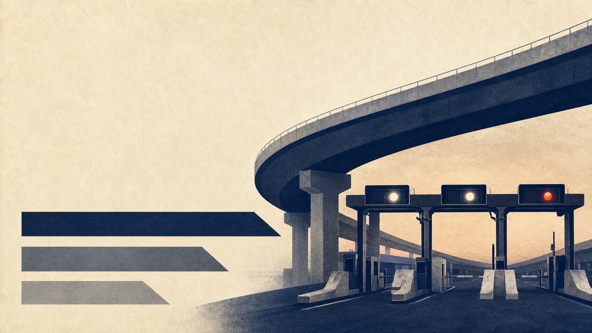 Editorial illustration of elevated expressway overpasses and toll gantries with three abstract layered lines representing bond tranches of different maturities.
