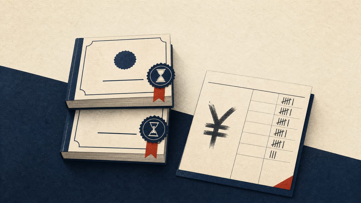 Illustration of two stacked bond ledger documents representing a five-year and a ten-year corporate bond tranche next to an abstract yen ledger sheet.