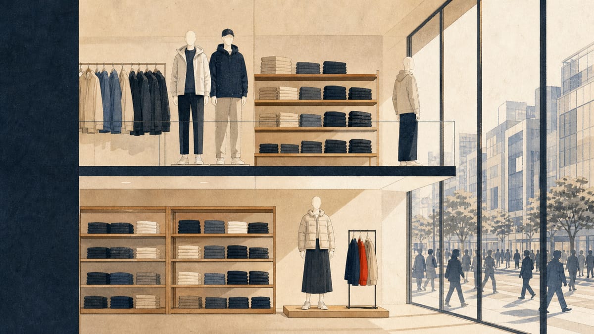 Interior of a large modern clothing retail store with folded apparel on shelving and a glass storefront onto a city street, illustrating a global apparel retailer's overseas store expansion.