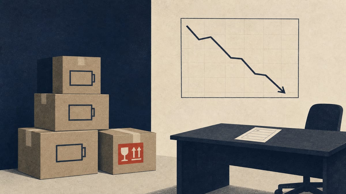 Illustration of a display-panel sales office being wound down, with packed shipping boxes and a wall chart showing a sharply declining sales line.