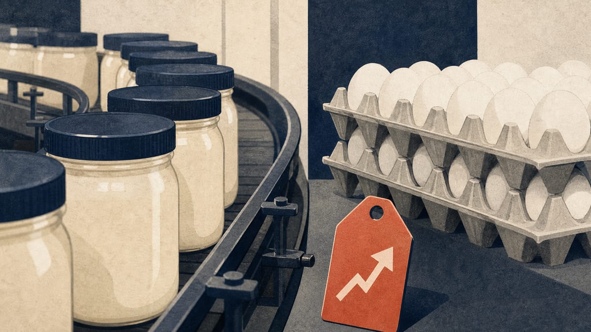Editorial illustration of a food-processing production line with egg cartons and condiment jars, evoking cost and pricing dynamics at a Japanese food manufacturer.