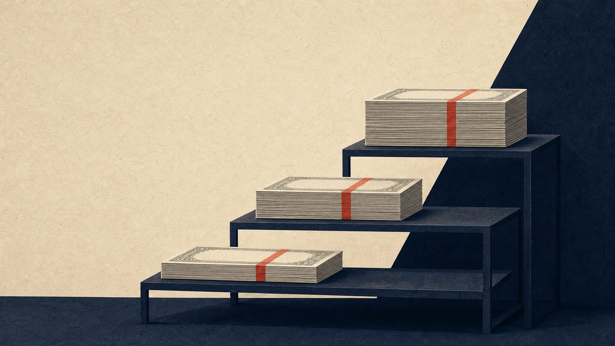 Illustration of stacked bond certificates arranged in tiers on a shelf, representing sequential tranches drawn from a single corporate bond program.