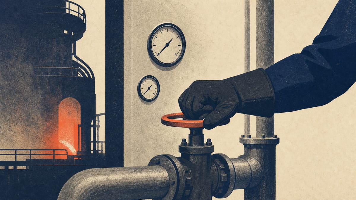 A technician adjusts a valve on an industrial furnace control panel amid heat-process piping at a steel or chemical plant.