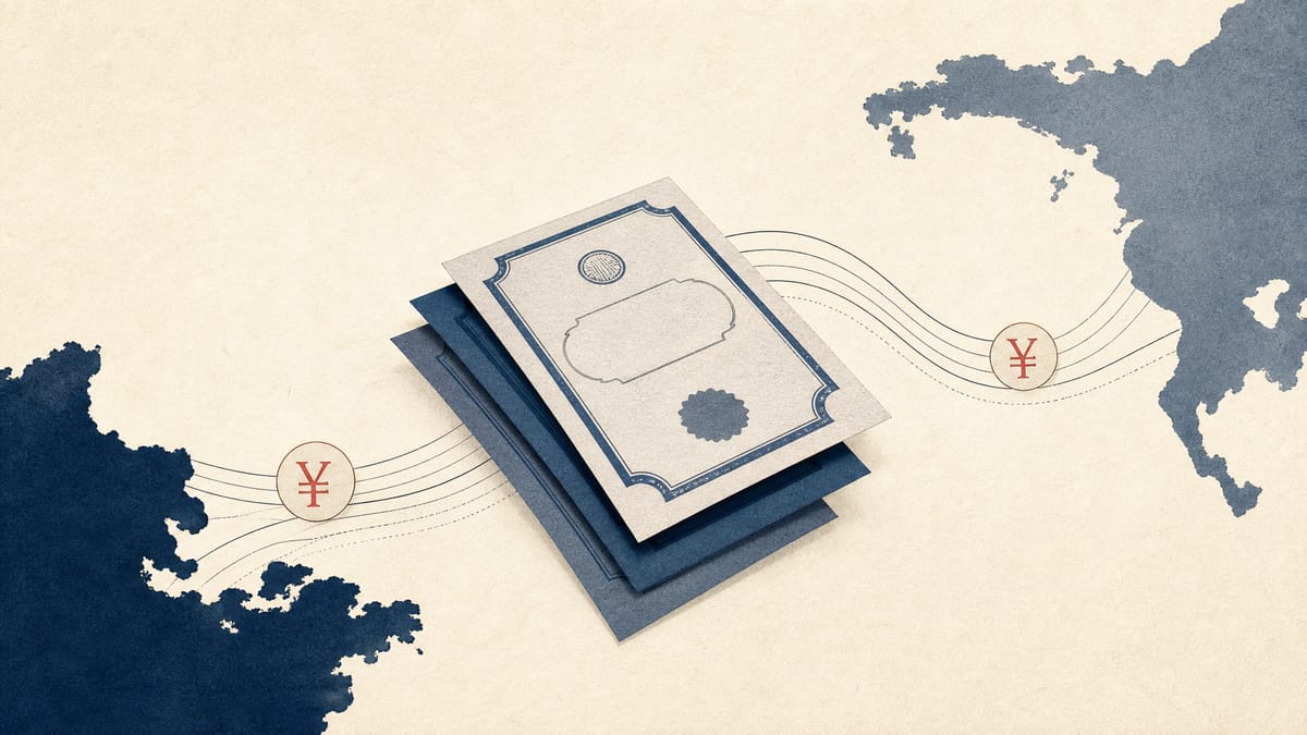 Abstract illustration of bond certificate shapes linked by flowing lines and yen symbols, representing a Japanese company's convertible bond sale to European and Asian investors.