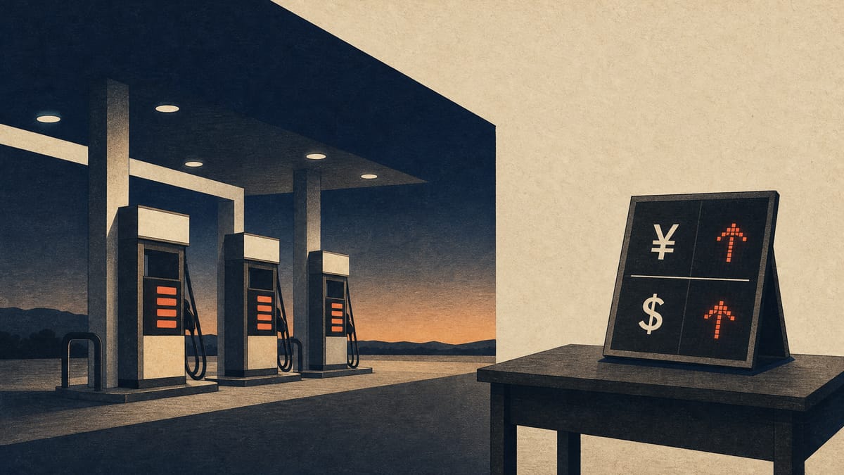 Illustration of gasoline pumps at a convenience-store forecourt beside a currency exchange rate display board, representing Seven & i's profit boost from US gasoline margins and a weaker yen.
