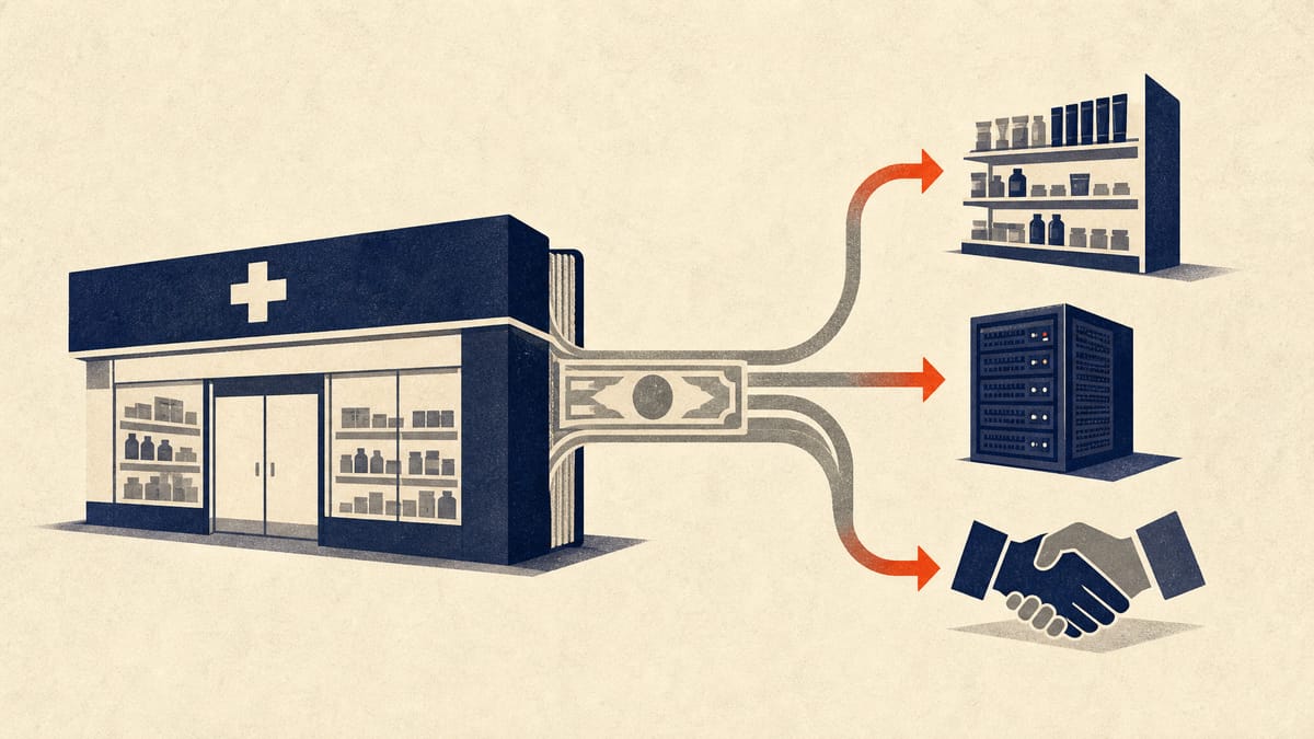Illustration of capital flowing from a placement into three channels: store renovation, digital infrastructure, and acquisitions, symbolizing a drugstore chain's use of new equity proceeds.
