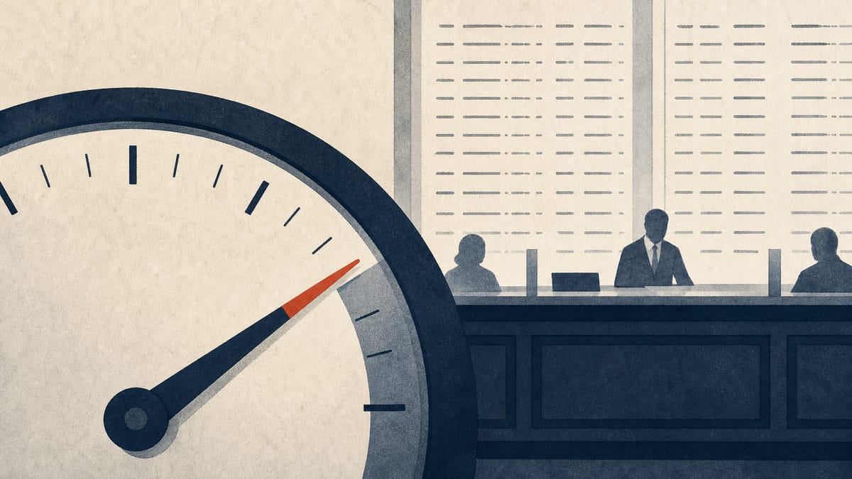 Illustration of a gauge needle crossing the 10% mark in front of a bank counter and ledger lines, representing a rising foreign shareholder stake in a Japanese regional bank.