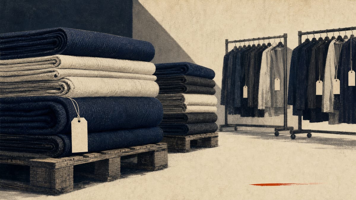 Warehouse interior stacked with folded fabric bolts and garment racks, representing a textile manufacturer's operations.