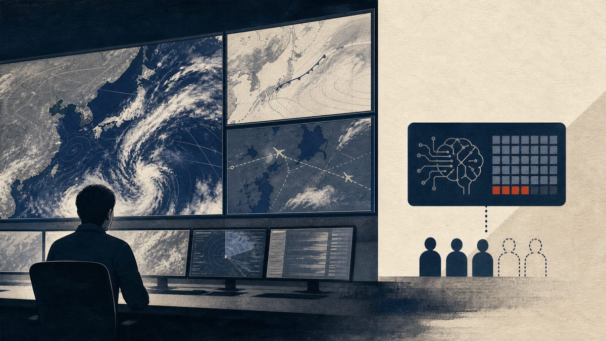 Illustration of a weather-forecasting operations room with radar and forecast monitors and an automated dashboard suggesting reduced staffing hours.