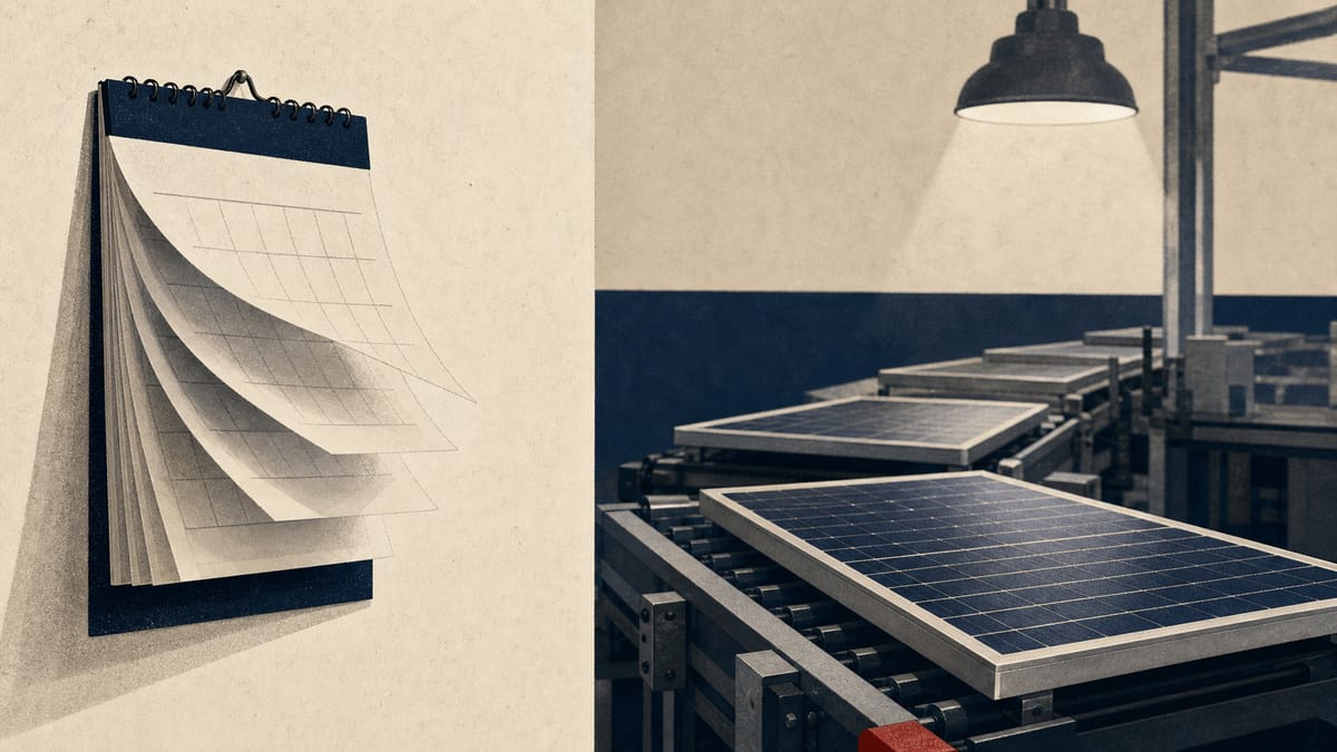 Editorial-style photo of a solar panel assembly line with a wall calendar showing several turned-back months, suggesting a delayed corporate disclosure.