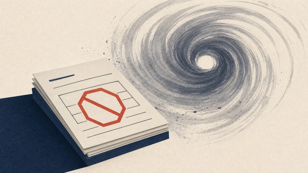 Illustration of a stack of stopped order forms next to an abstract storm swirl pattern, in navy and grey tones, symbolizing a fund's paperwork freeze triggered by a distant market closure.