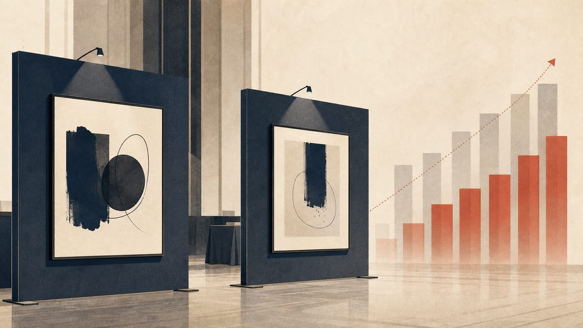 Framed art prints on display panels in an exhibition hall, with a faint abstract bar-chart overlay suggesting a shift in company ownership stakes.