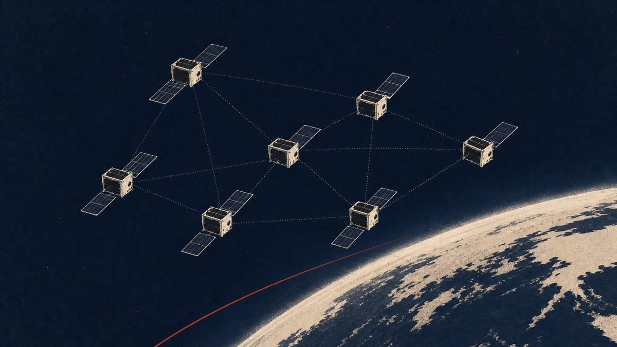 Illustration of small box-shaped earth-observation satellites with solar panels in orbit, connected by faint telemetry lines.