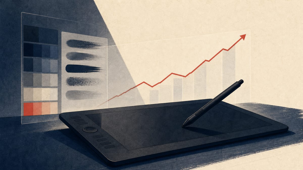 A digital drawing tablet and stylus with an abstract rising sales chart overlay, suggesting creative-software revenue growth.