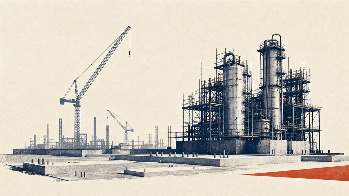 An under-construction chemical plant site with scaffolding, reactor vessels, and exposed piping, representing the still-unbuilt Kaohsiung joint venture between Daicel and Formosa Plastics.