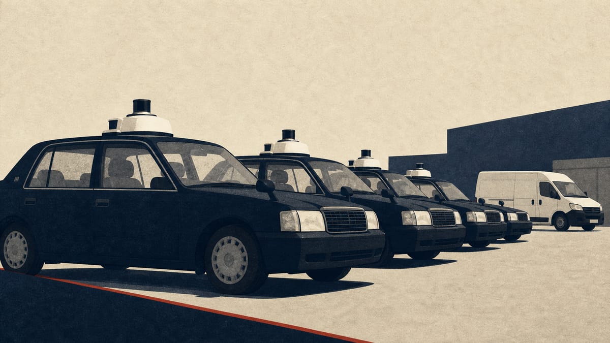 Illustration of taxis equipped with rooftop lidar sensors parked near a delivery van, representing funding for autonomous-taxi technology and logistics investment.