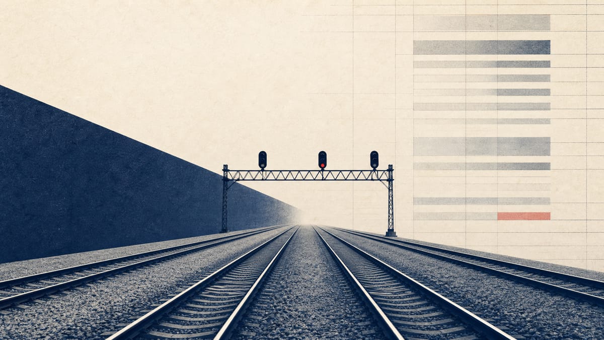 Railway tracks converging toward a signal gantry, with a faint ledger-grid overlay suggesting layered bond financing tranches.