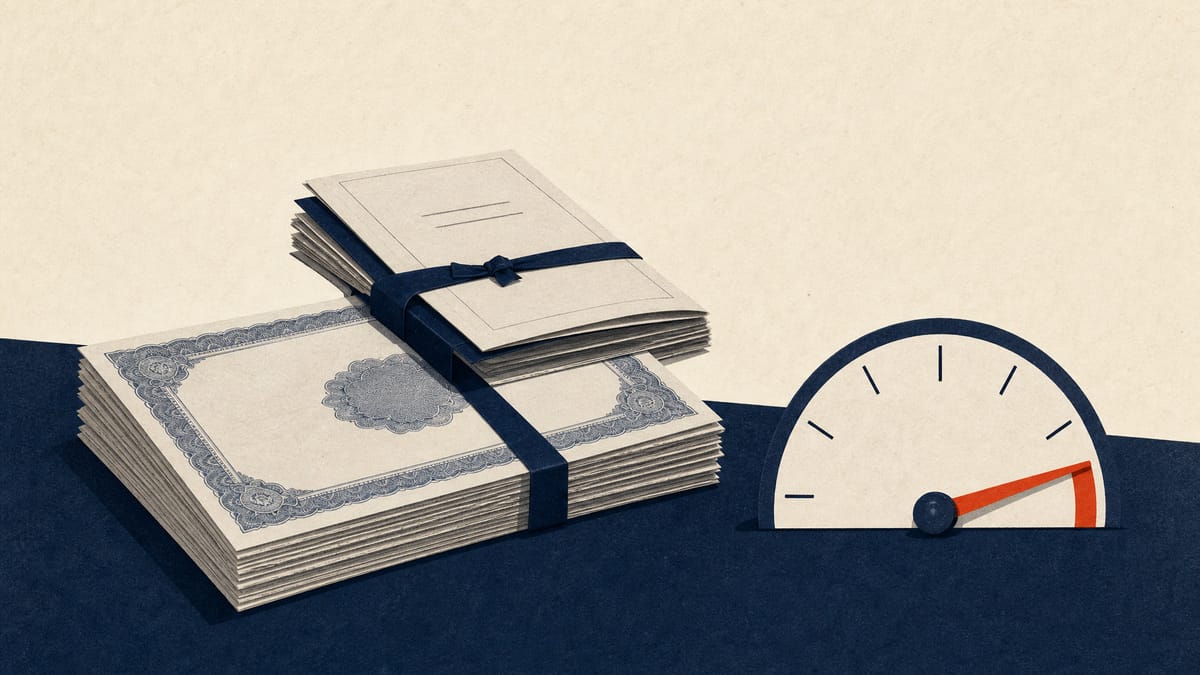 Editorial illustration of stacked share certificates and a loan document beside a percentage gauge nearing its maximum, symbolizing a company crossing a majority-ownership threshold.