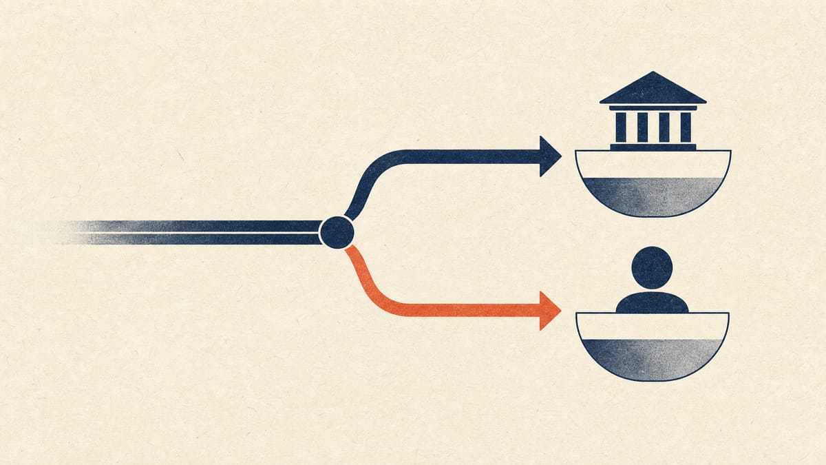 Abstract diagram showing a company fund-transfer line splitting into two paths, one going to a corporate account and one diverted elsewhere, symbolizing an internal-control breakdown.