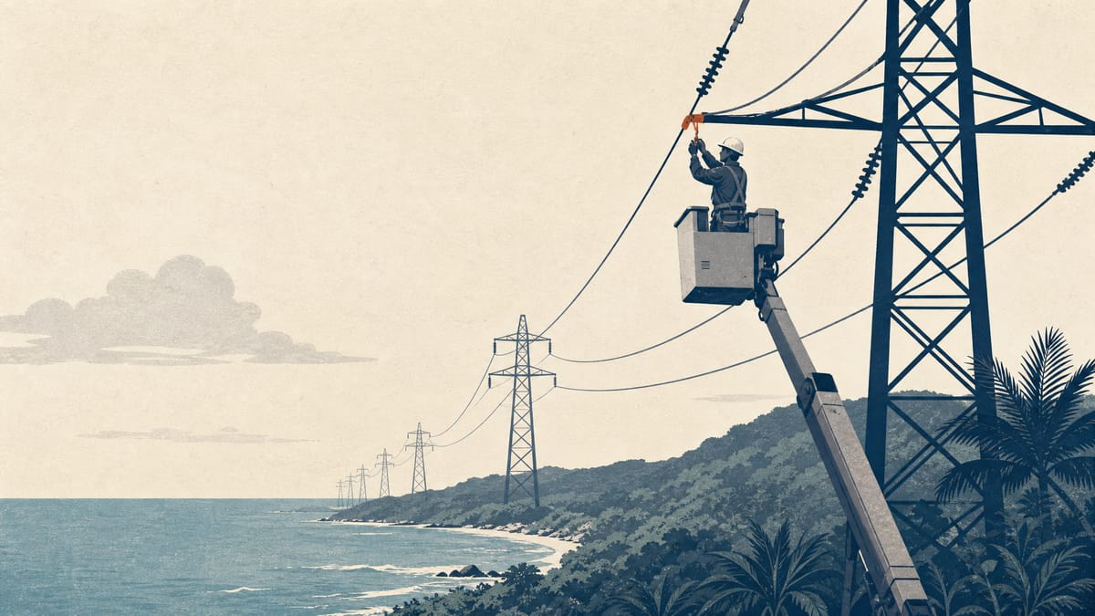 A utility worker in safety gear inspects power lines from a bucket truck beneath transmission towers on a coastal stretch of grid infrastructure.