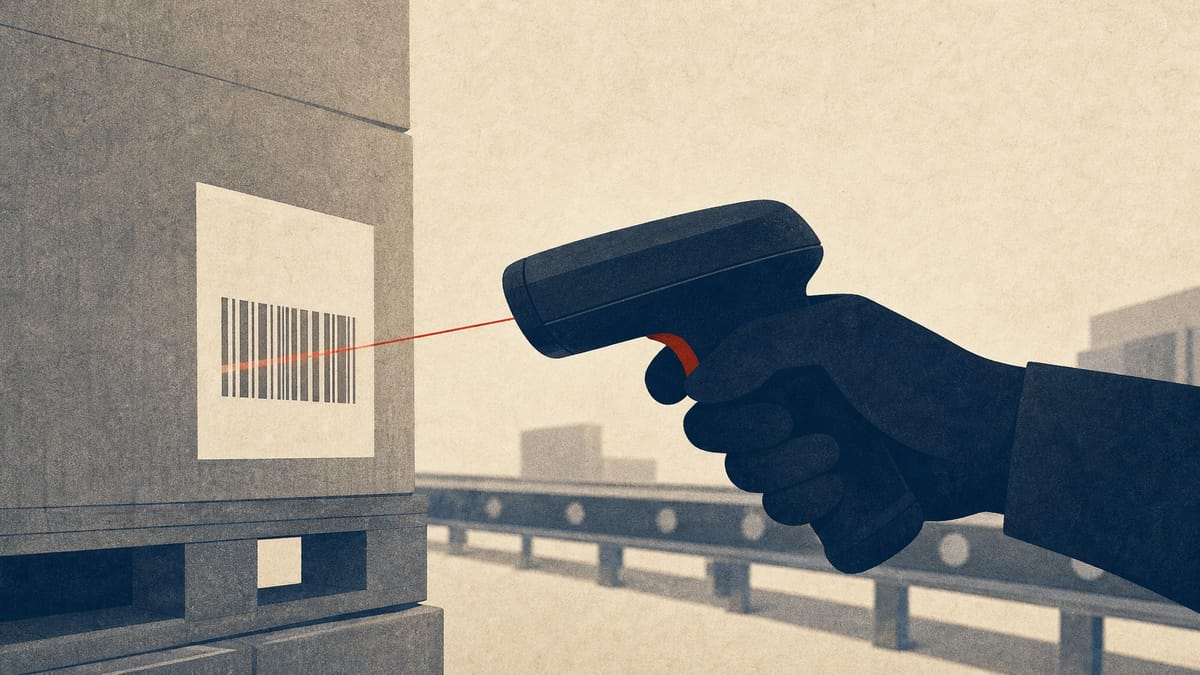A handheld barcode scanner reading a shipping label on warehouse pallets, representing the automatic-identification equipment business at the center of Optoelectronics' results.