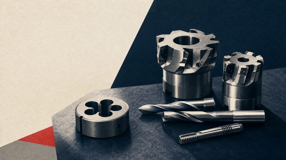 Precision cutting tools, milling cutters and drill bits arranged on a factory workbench.
