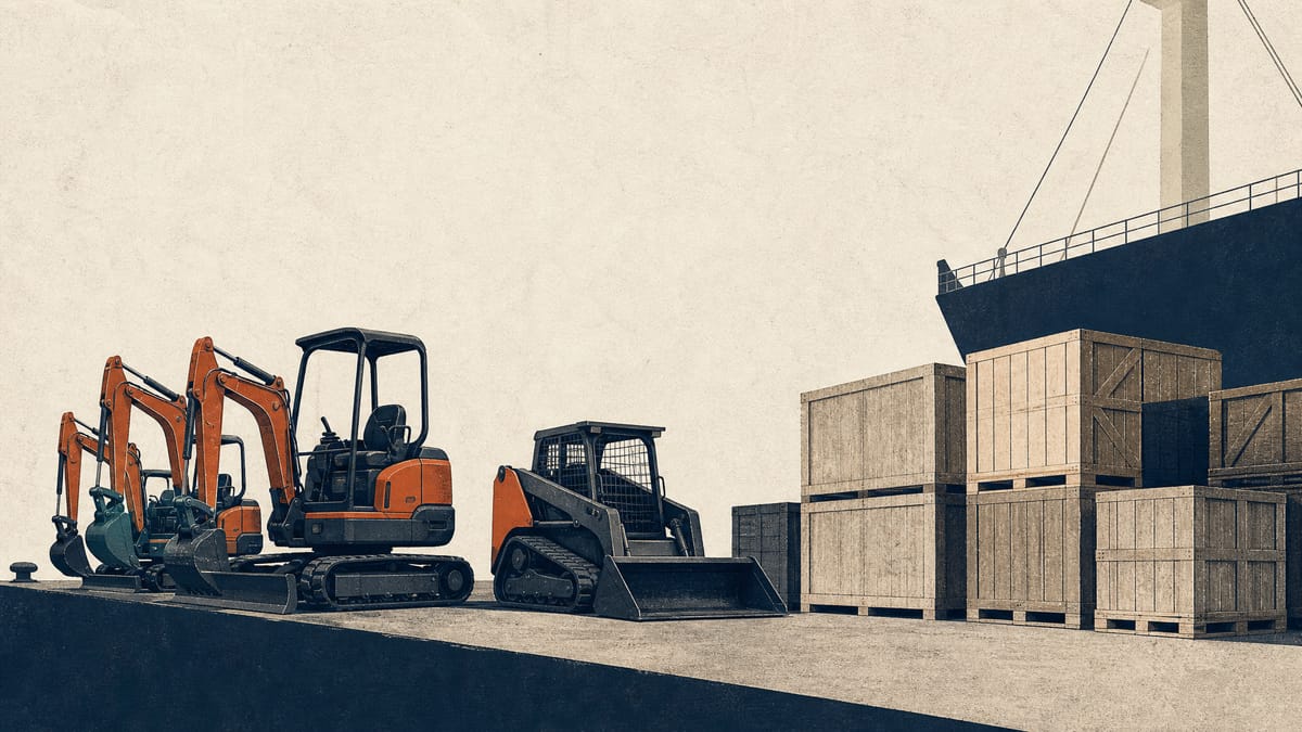 Compact excavators and crawler loaders lined up near shipping crates at an export dock, representing a Japanese machinery maker's US-bound shipments.