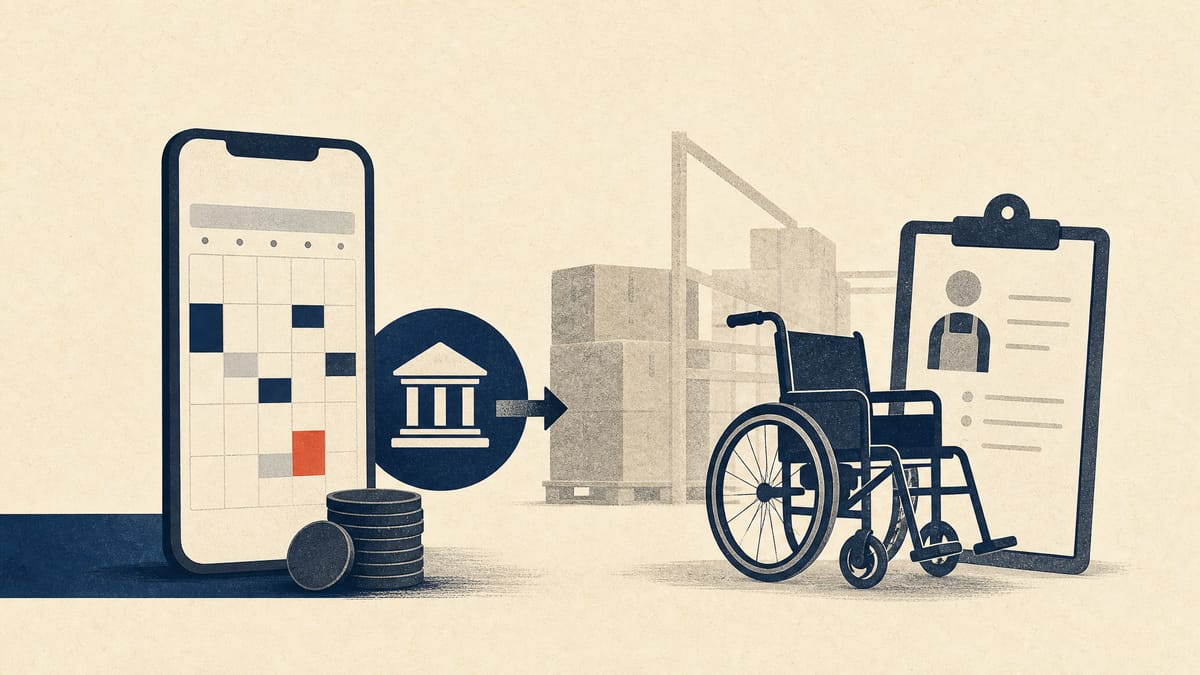 Illustration of a gig-work scheduling app, a bank-transfer icon, and elder-care equipment symbolizing Timee's new banking service and nursing-care push.