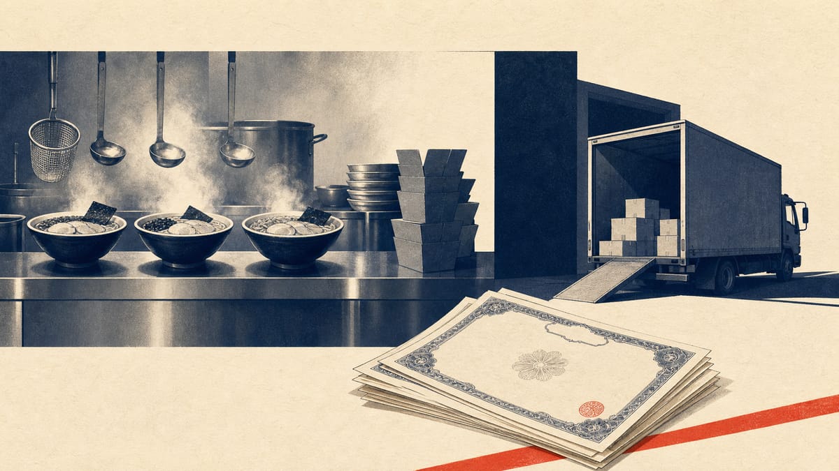 Editorial illustration of a ramen restaurant kitchen line beside a small stack of stock certificates, representing Yoshinoya's cash-and-shares purchase of a majority stake in Seattle chain Kizuki.
