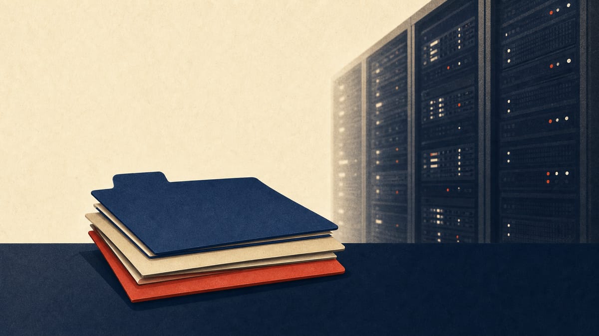 Illustration of a data-center operations desk with three color-coded incident-report folders next to server racks, representing standardized cyberattack reporting forms.