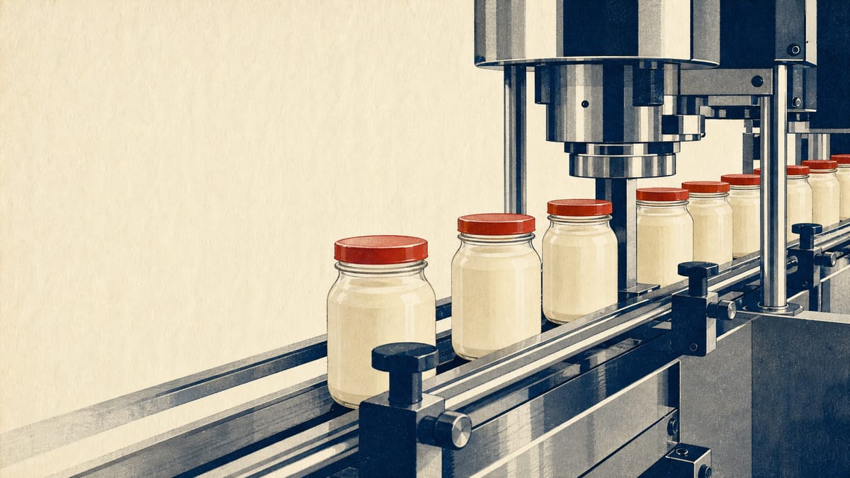 Stainless-steel food processing line with sealed glass jars moving along a conveyor belt inside an industrial plant.