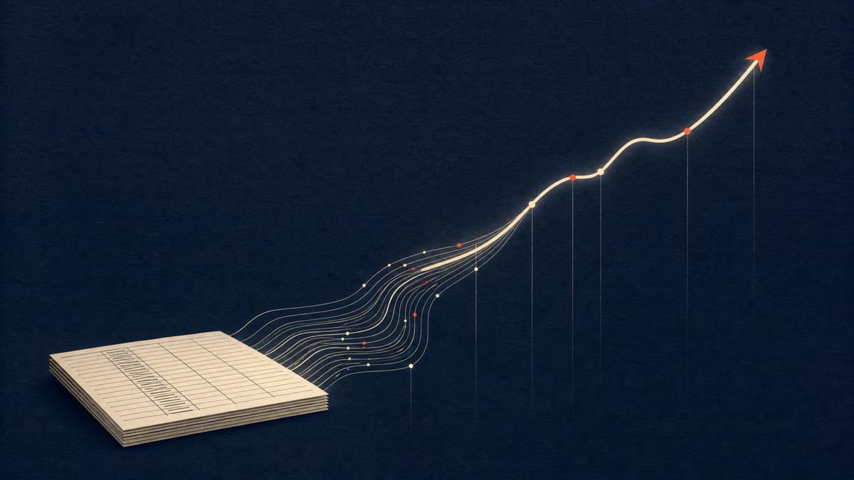 Abstract illustration of glowing data lines flowing upward into a rising curve, symbolizing improving software-company financial results.