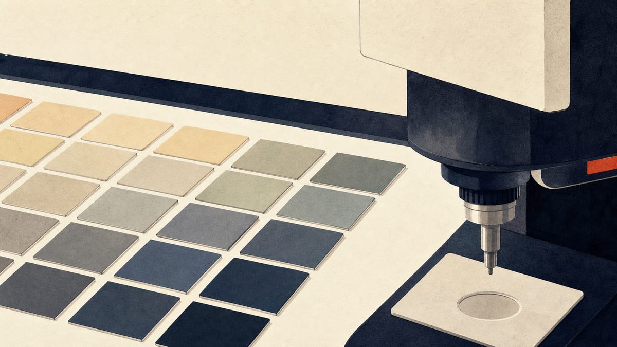 A color-matching table in a paint industry lab showing rows of architectural paint swatch tiles next to a tinting machine nozzle.