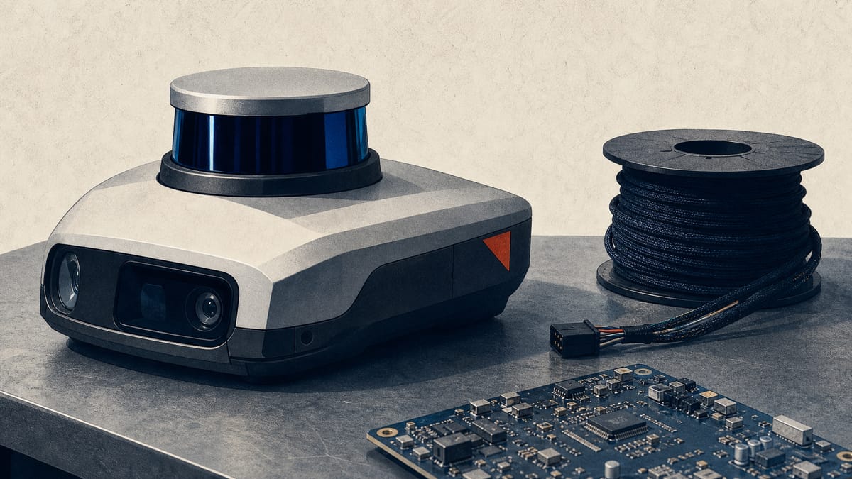 An autonomous-vehicle sensor unit and circuit board on a workbench, representing the hardware and chip development funded by Tier IV's share offering.