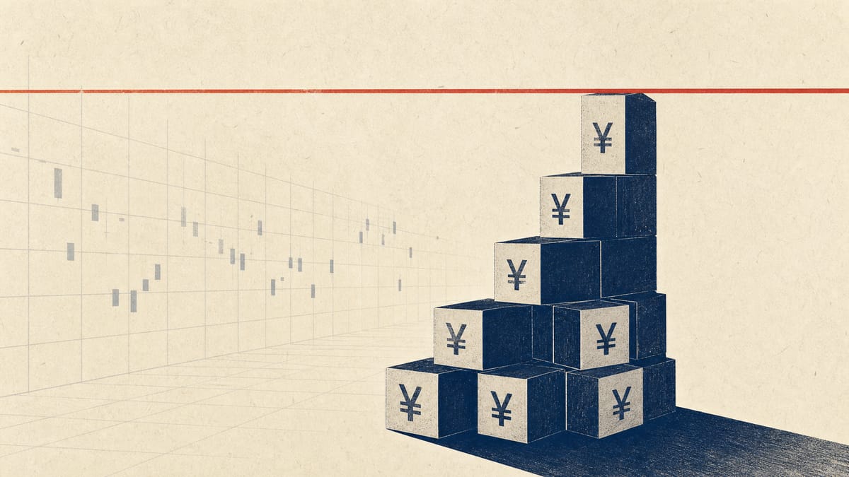 Abstract illustration of stacked yen-denominated blocks climbing toward a capped ceiling line, symbolizing a share buyback program nearing its spending limit.