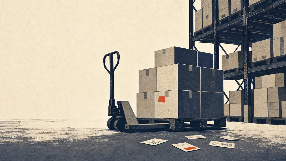 Warehouse shelves stacked with shipping boxes and a pallet loader, representing an e-commerce distributor absorbing a costly acquisition write-down.