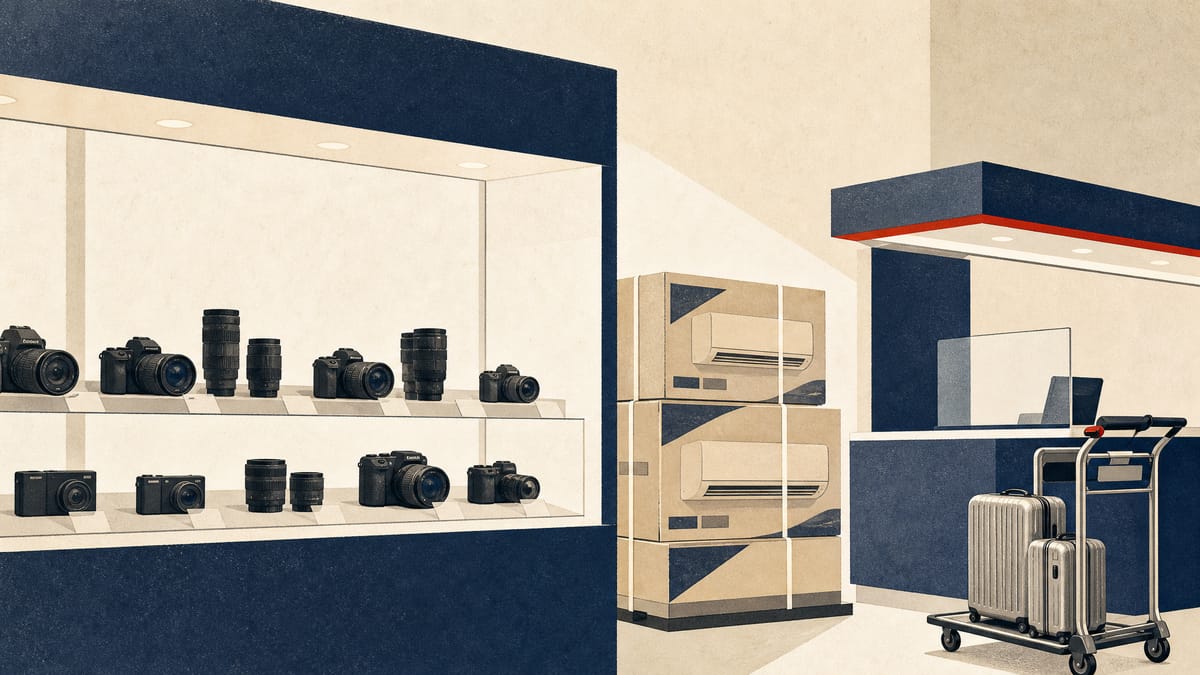 Editorial illustration of a retail electronics floor with camera displays, air-conditioner units and a duty-free service counter.