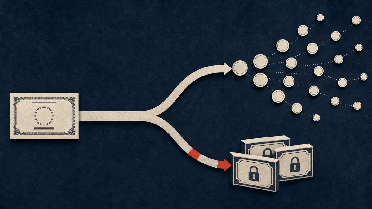 Editorial illustration of stock rights splitting into two paths, one toward ordinary shareholders receiving common shares and the other toward a restricted, locked token representing the diluted shareholder group.