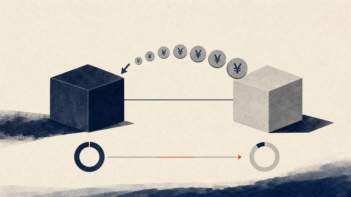 Abstract illustration of a reversed corporate acquisition, showing an ownership stake and a flow of yen coins moving back between two stylized company blocks.