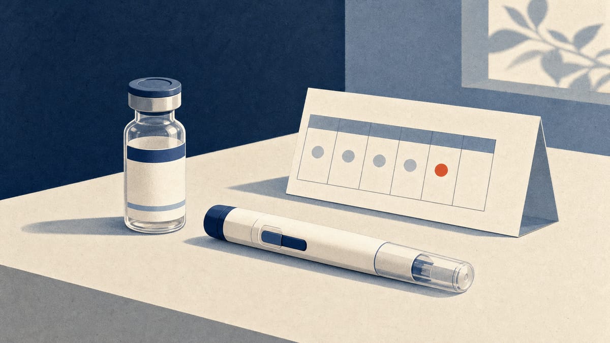 An autoinjector pen and a small medication vial arranged on a clinical countertop next to a blank weekly dosing card, evoking at-home injection therapy.