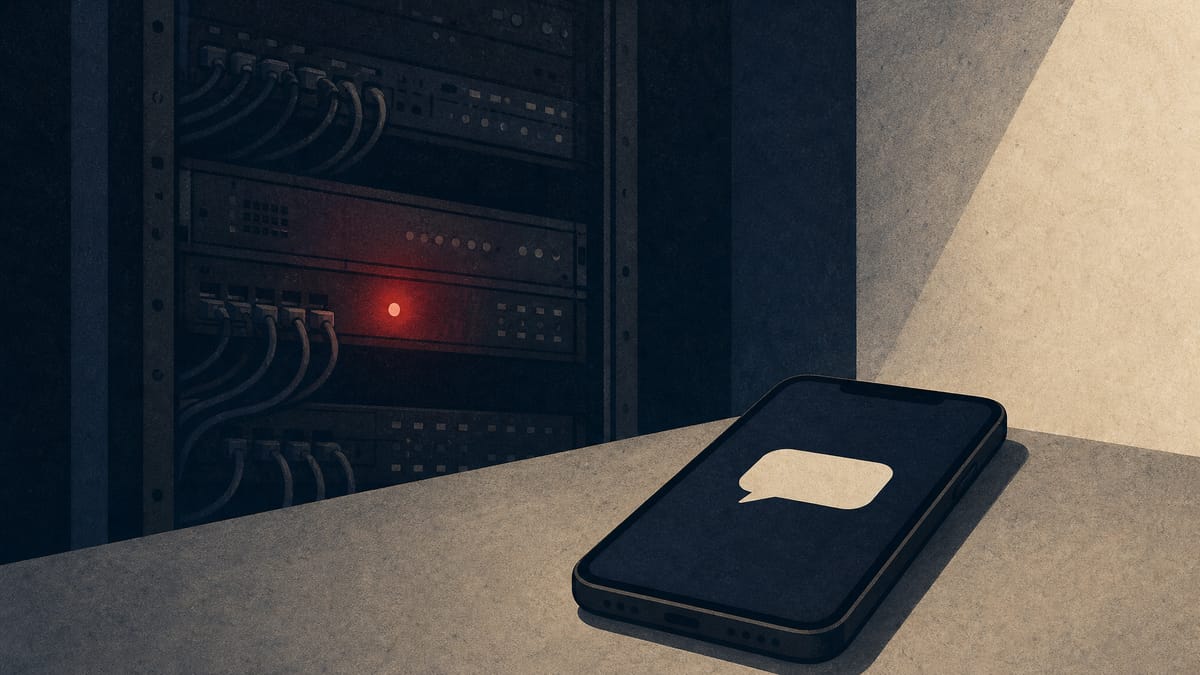 Editorial illustration of a telecom server rack with one unit showing a red alert light next to a smartphone displaying a blank message icon, representing a breach of an SMS delivery system.